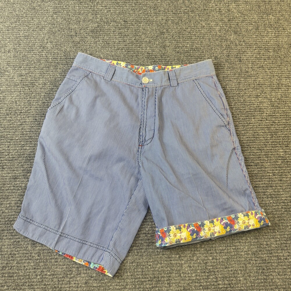 Robert Graham Shorts Mens 34 Pinstripe Floral Trim Casual Summer Flip Hem
